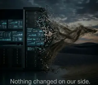Office building made from computer monitors in front of mountains and a desert with the right part of the building crumbling and the dust / sand blowing in the wind towards the desert