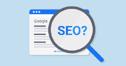 capital letters SEO in the center of a magnifying glass over a web page