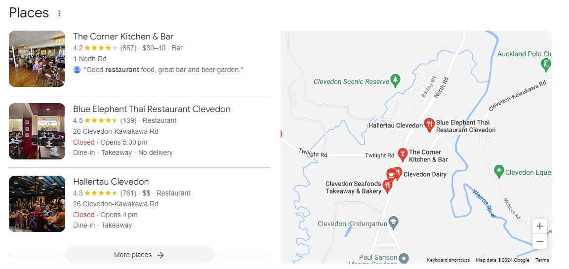 Google search results for restaurants in Clevedon NZ including map and  business information.
