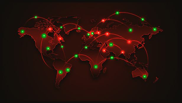 world map with red and green lights to symbolise active and inactive internet connections