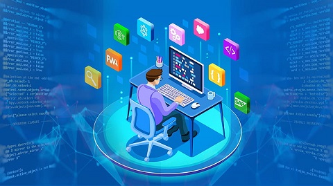 Person sitting at computer with many app icons swirling around their head